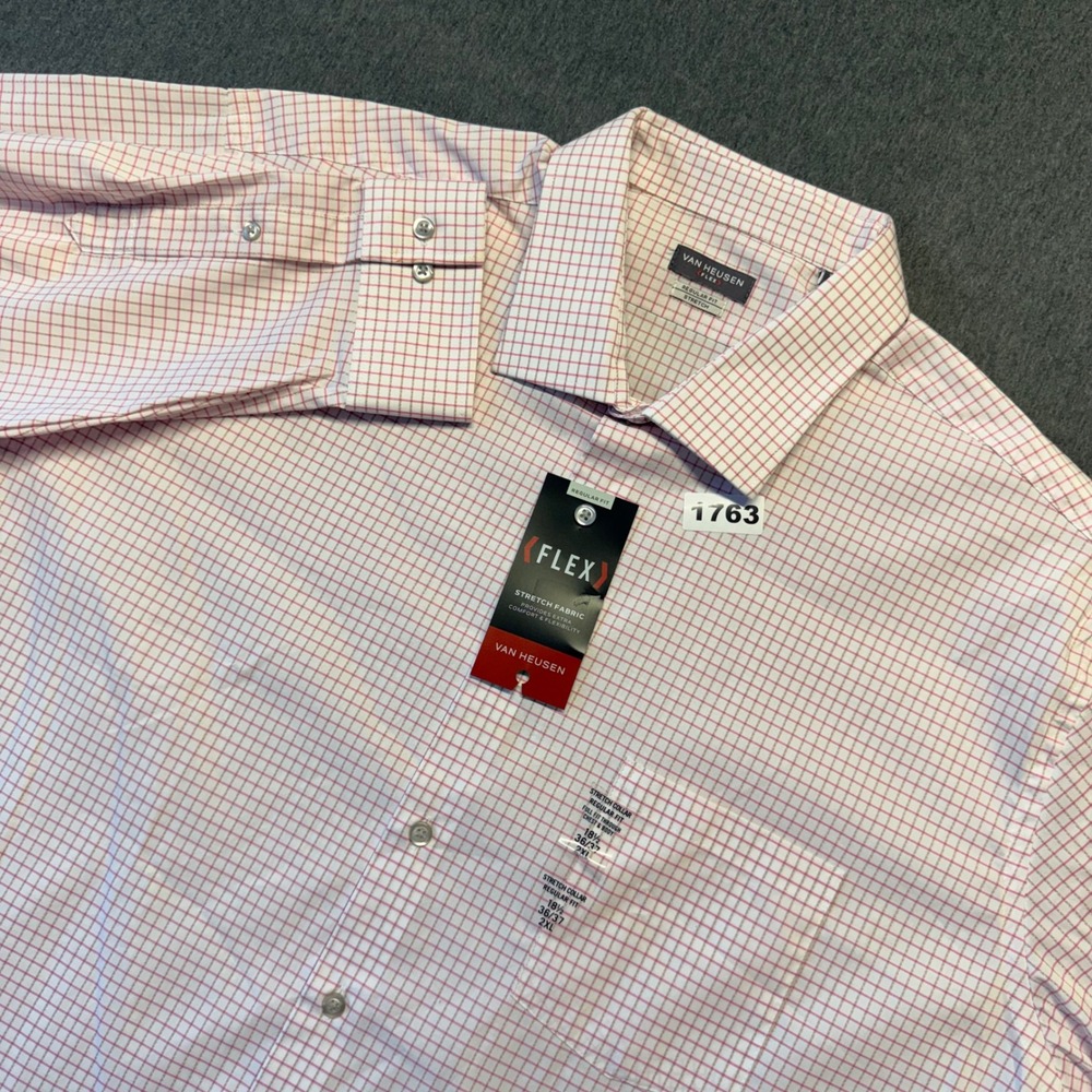 Van Heusen Flex Mens 2XL Regular Fit Stretch Dress Shirt Pink Tan Check NWT